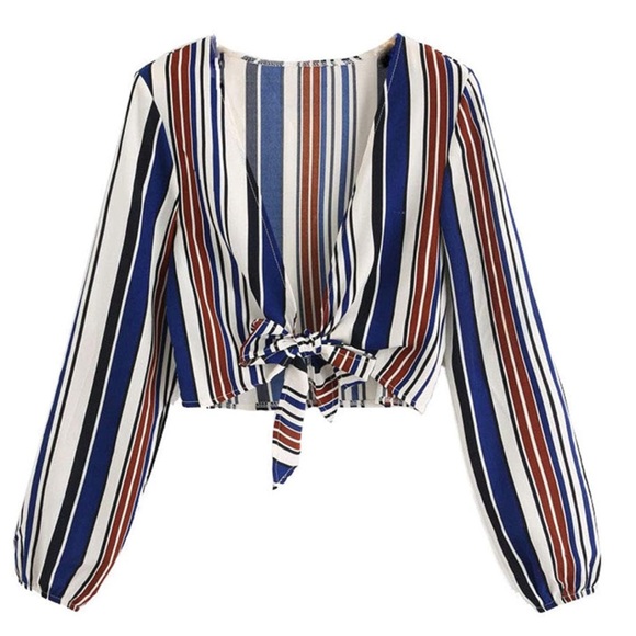 Long Sleeve Striped Deep V-Neck Tie Front Crop Top - Picture 1 of 11